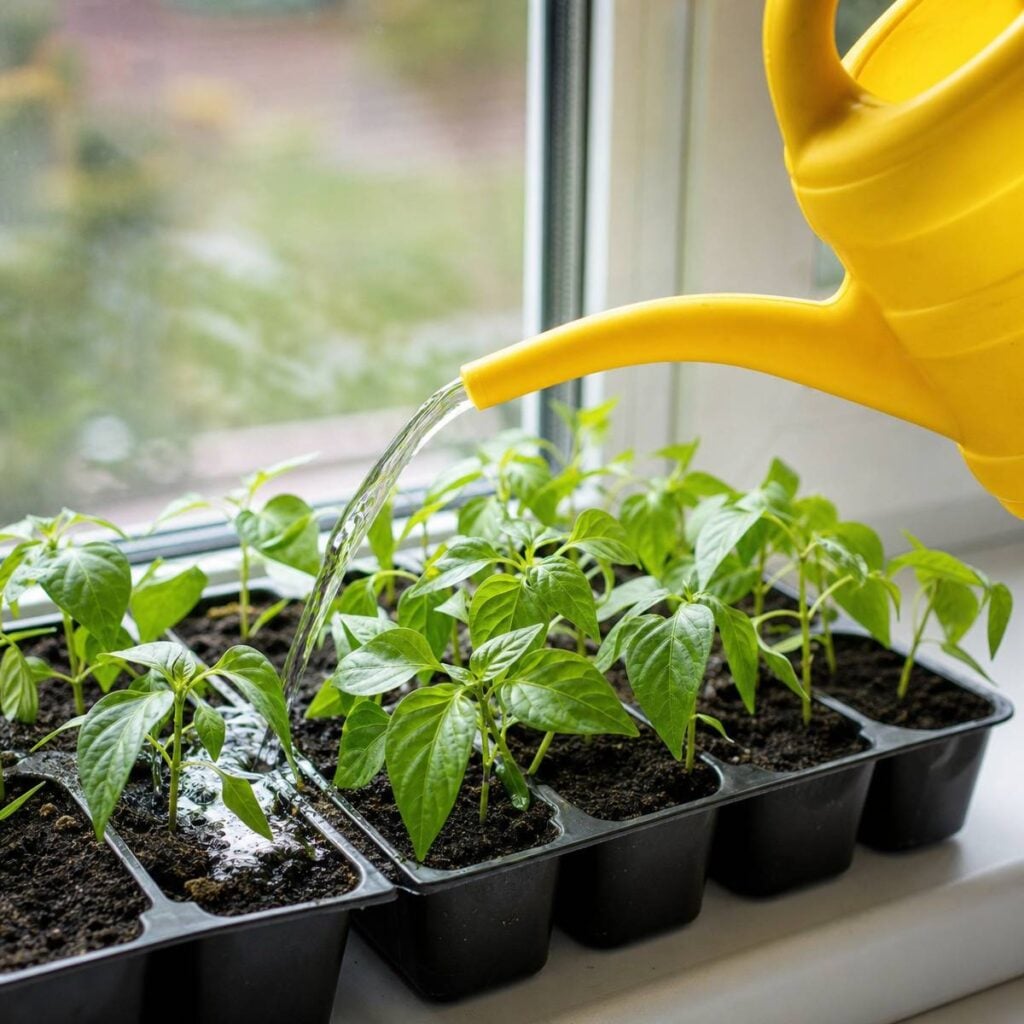 A yellow watering can pours a thin stream of water onto young pepper seedlings in black seed-tray cells on a sunny windowsill.