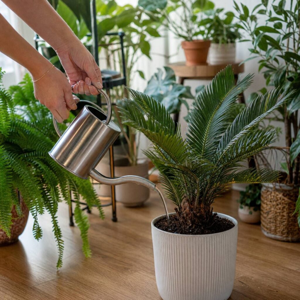 Two hands hold a metal watering can, pouring water into a potted sago palm's soil, surrounded by ferns and leafy houseplants on wood flooring.