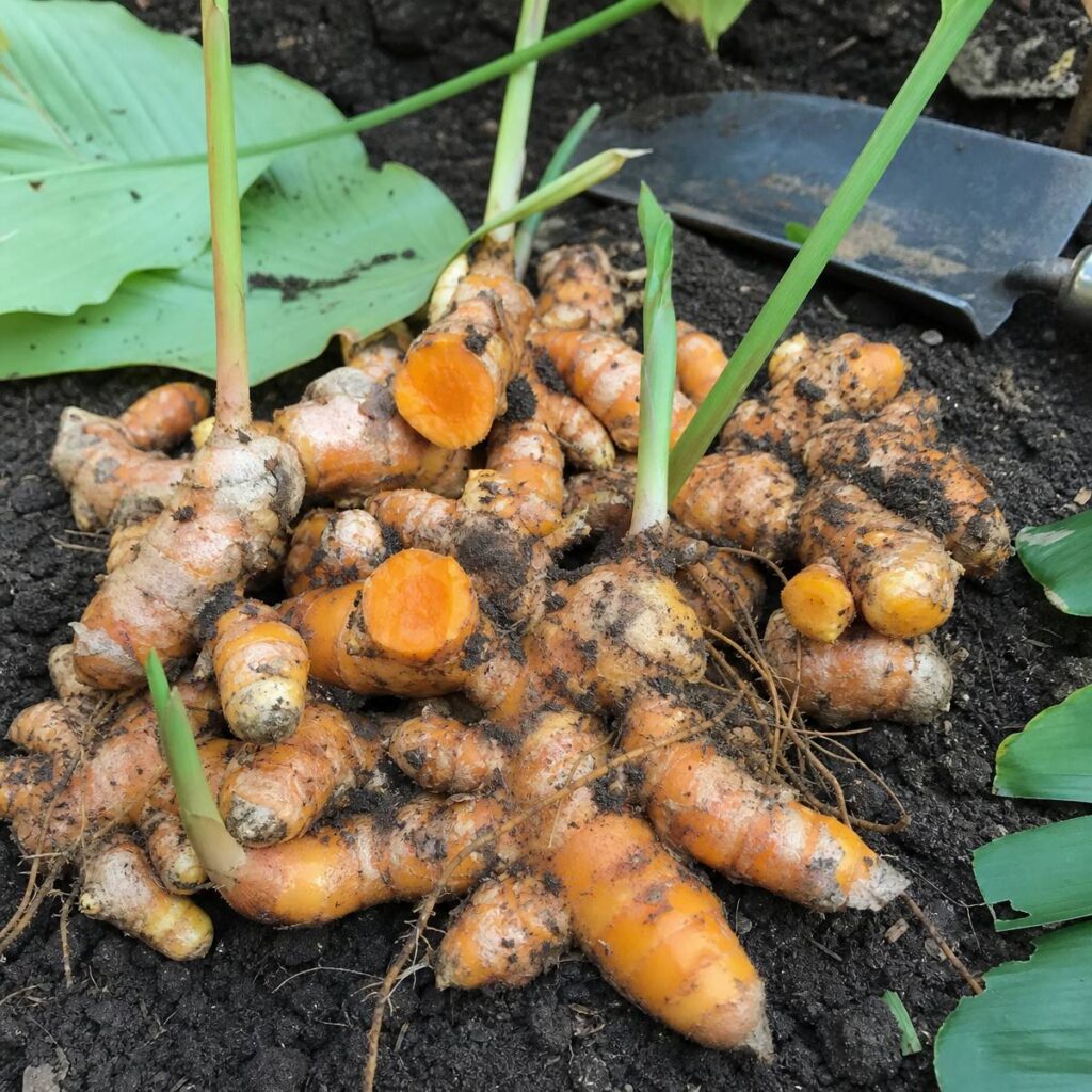 Freshly dug turmeric rhizomes with green shoots and orange flesh cut open lie on dark soil beside a metal trowel and broad leaves.