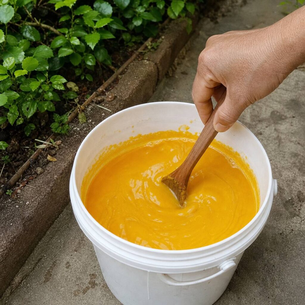 A hand stirs a bright orange turmeric mixture with a wooden spoon in a white bucket beside a leafy garden bed on a paved outdoor path.