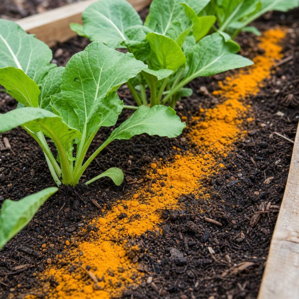 A line of bright orange turmeric powder lies scattered on dark soil beside leafy green vegetable seedlings in a wooden raised garden bed.