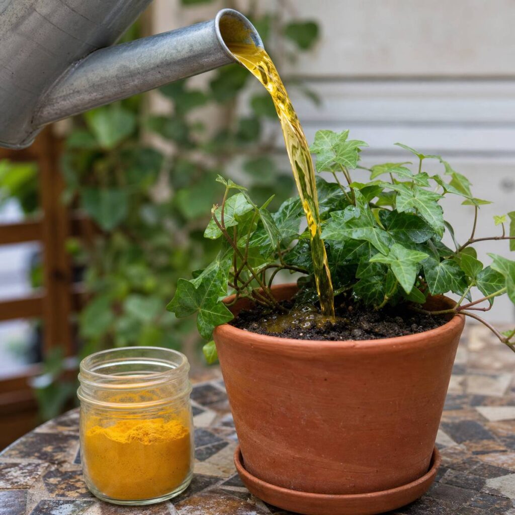 A metal watering can pours golden turmeric-tinted water onto a leafy ivy plant in a terracotta pot, beside an open jar of turmeric powder on a patio table.