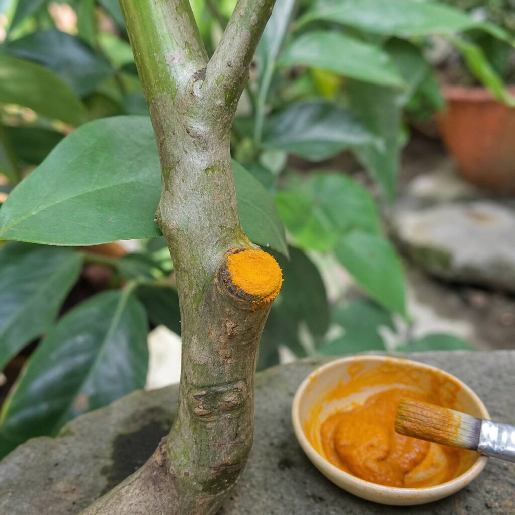 A pruned woody stem shows its cut end coated in bright orange turmeric paste, with a small bowl and brush resting nearby on a stone.