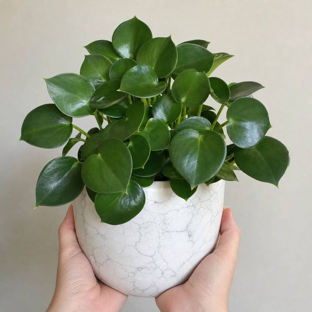 Two hands cradle a white crackle-glazed pot holding a bushy glossy-leaved peperomia plant against a plain pale wall.