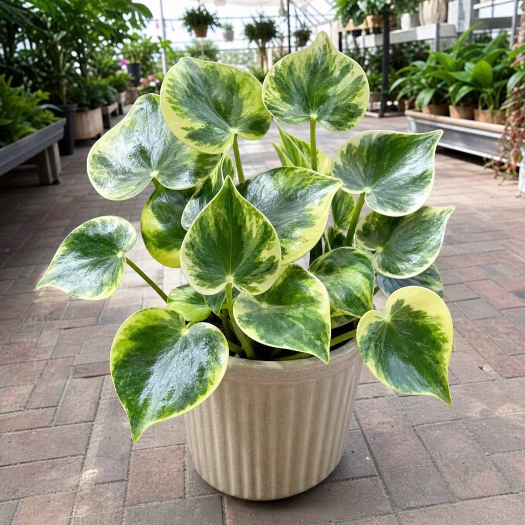 A variegated peperomia with glossy, pointed heart-shaped leaves edged in cream sits in a ribbed beige pot on a brick-paved greenhouse floor surrounded by other potted plants.