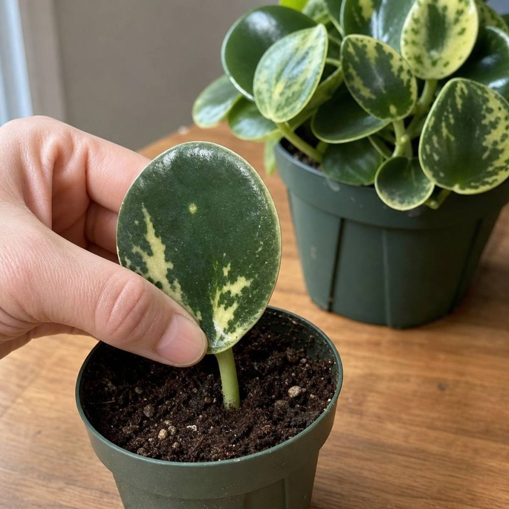 A hand holds a glossy variegated raindrop-shaped peperomia leaf cutting upright in a small soil-filled pot, with the parent plant visible behind on a wooden table.