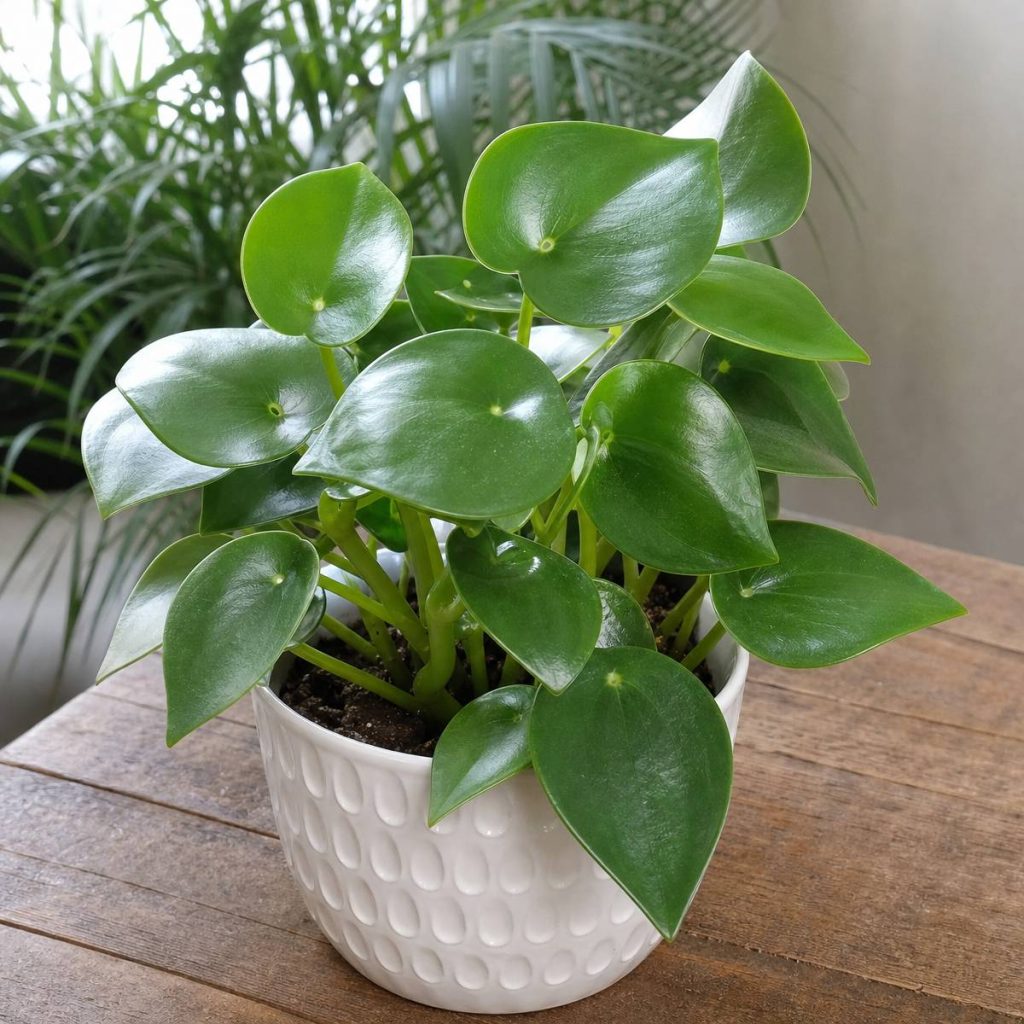 A glossy, pest-free raindrop peperomia with pointed fleshy leaves sits in a white embossed ceramic pot on a wooden table, palm fronds blurred behind.
