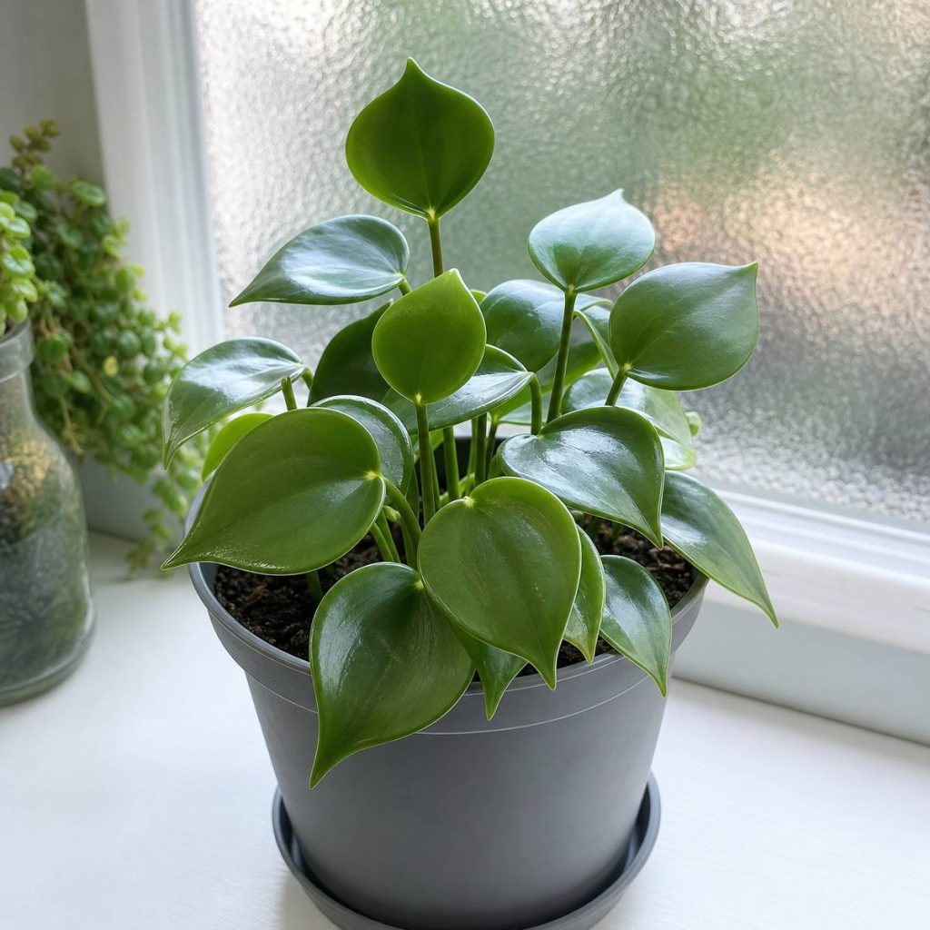 A glossy-leaved raindrop peperomia sits potted in a gray plastic container on a white windowsill beside a trailing string-of-pearls plant and frosted glass behind it.