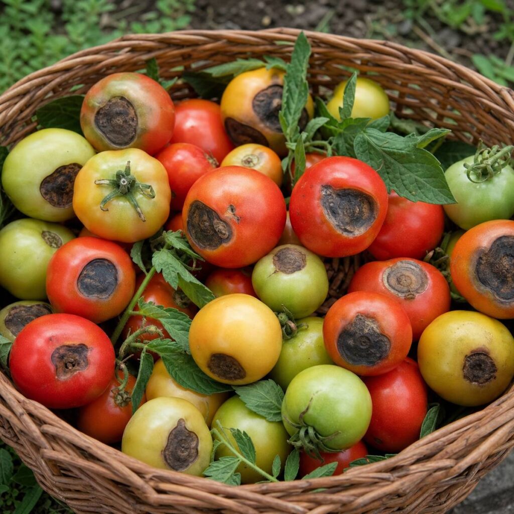A woven wicker basket holds green, yellow, and red tomatoes with sunken dark blossom end rot spots, nestled among scattered leaves outdoors.