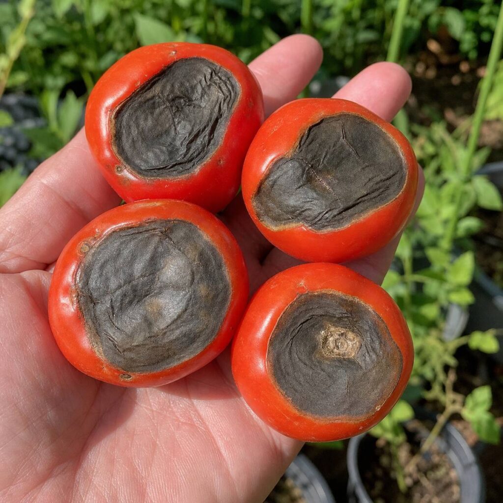 An open palm holds four ripe red tomatoes, each showing a large sunken black leathery patch of blossom end rot, with blurred garden plants behind.