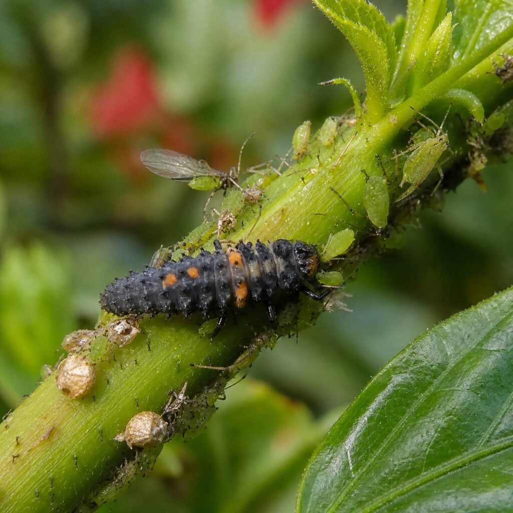 A dark, orange-spotted lady beetle larva crawls among green aphids and tan mummified aphids on a hibiscus stem with blurred red blooms behind.