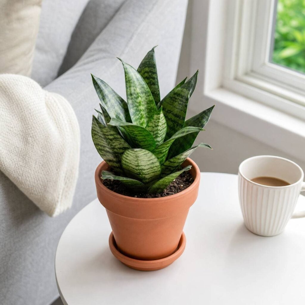A rosette of striped, sword-shaped snake plant leaves grows in a terracotta pot beside a coffee mug on a white side table near a window.