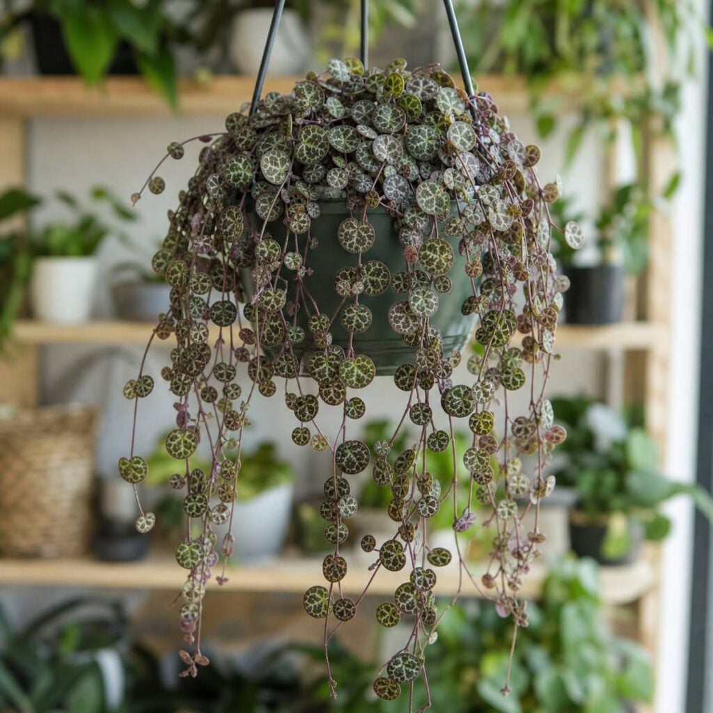 A hanging basket overflows with trailing reddish-purple stems bearing small round marbled green-and-silver leaves, suspended before softly blurred potted plants on wooden shelves.