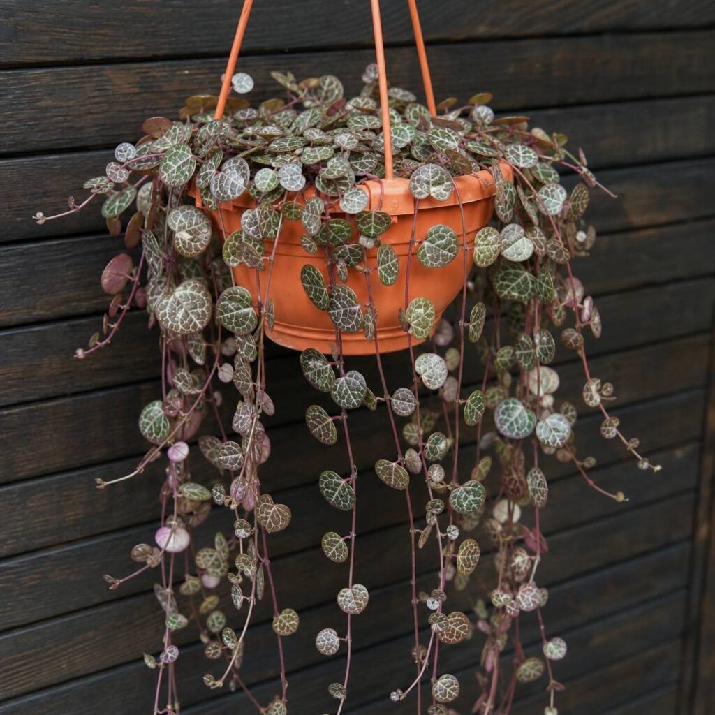 A terracotta hanging basket overflows with trailing string of turtles vines, their coin-sized silvery-veined leaves cascading against a dark wooden plank wall.