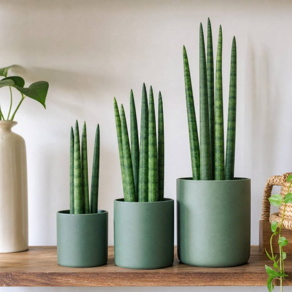 Three cylindrical snake plants of increasing height stand in matching matte green pots on a wooden shelf beside trailing pothos vines.