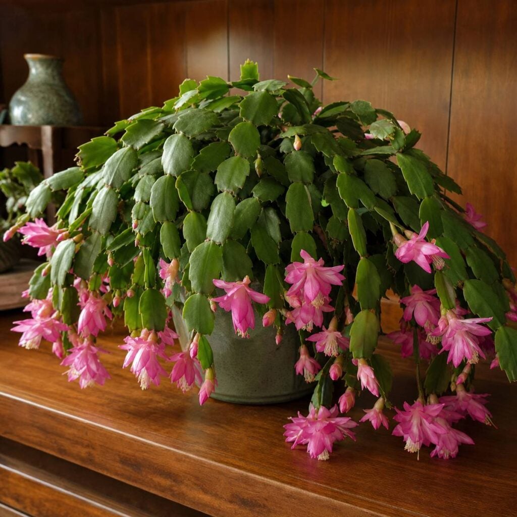 A lush Christmas cactus with trailing green segments and clusters of pink blooms sits in a green pot atop a polished wooden dresser.