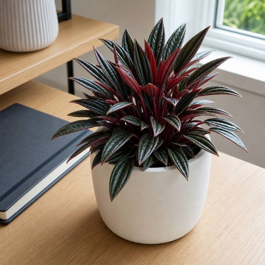 A dark green rosette houseplant with burgundy-red leaf undersides sits in a white ceramic pot on an oak desk beside a closed black notebook.