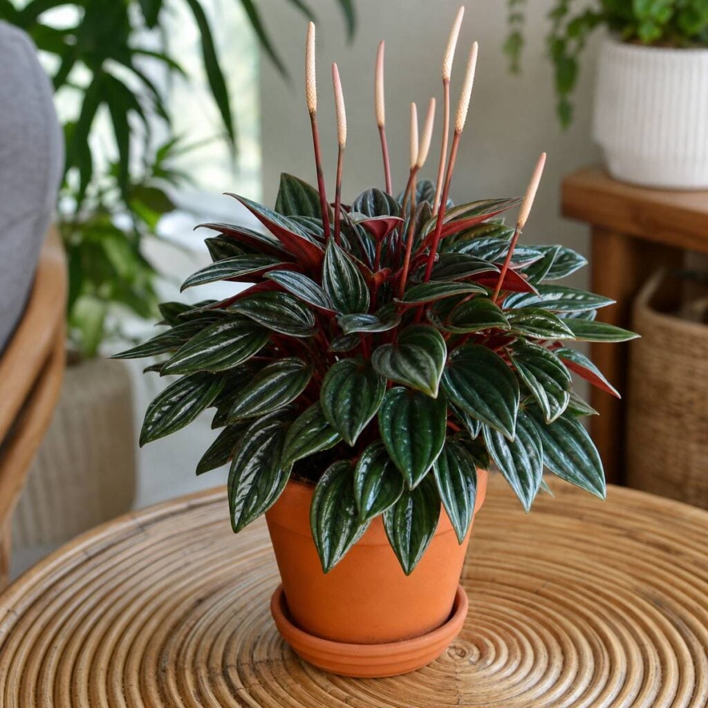 A glossy dark green ridged-leaf peperomia with reddish stems and slender pale upright flower spikes sits in a terracotta pot on a woven rattan table.