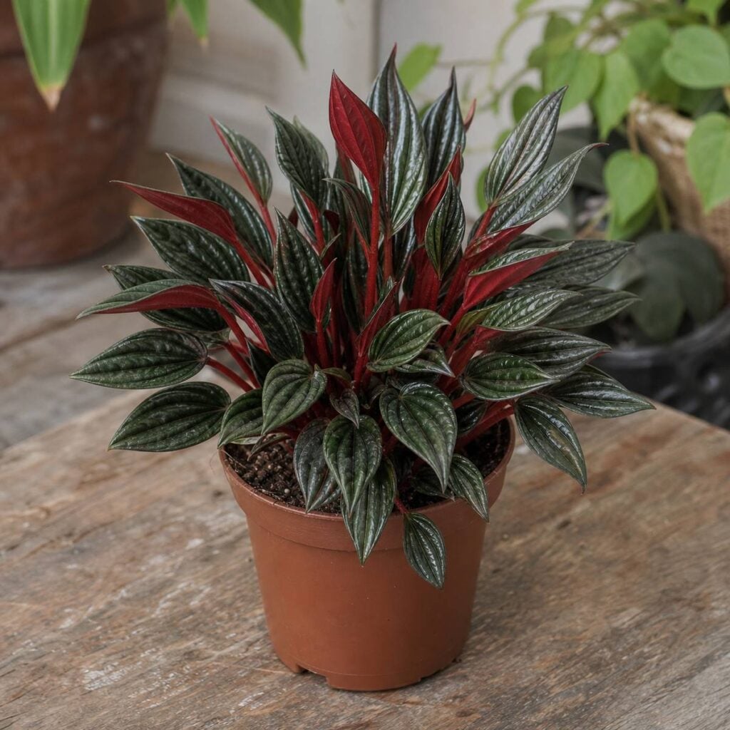 A compact peperomia with glossy ridged green leaves and bright red undersides and stems sits in a brown plastic pot on a weathered wooden table among other houseplants.