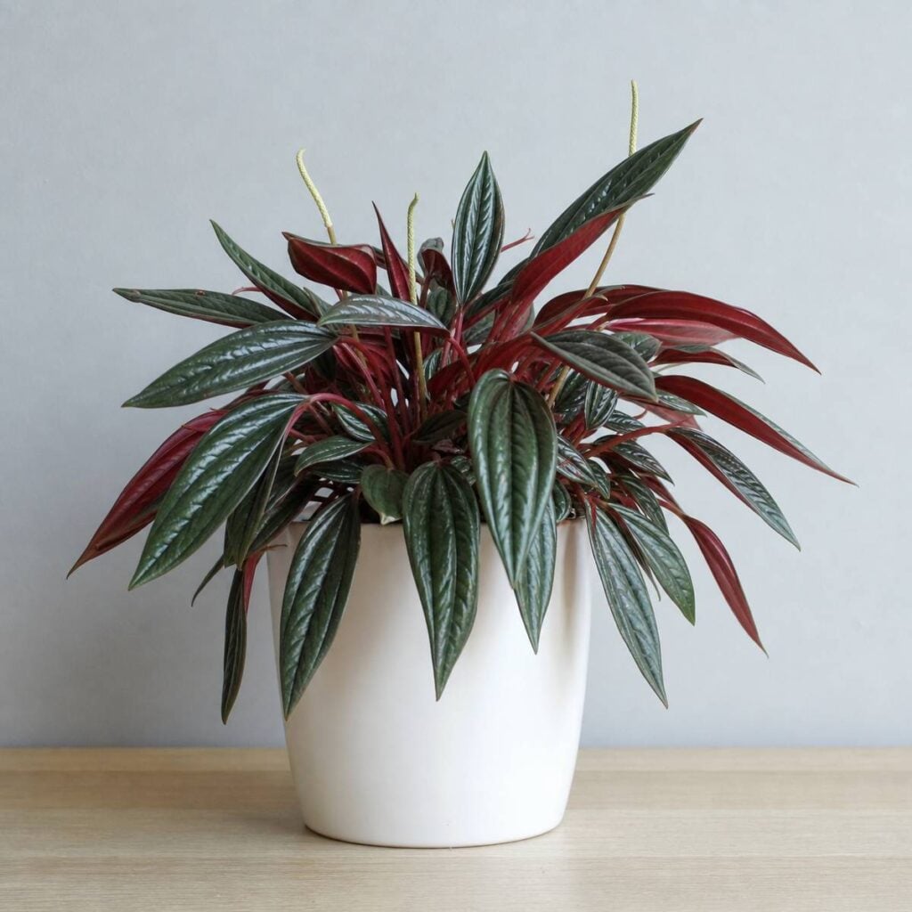 A peperomia 'Rosso' plant with glossy ridged green leaves and burgundy-red undersides sits in a white pot on a wooden surface against a grey wall.