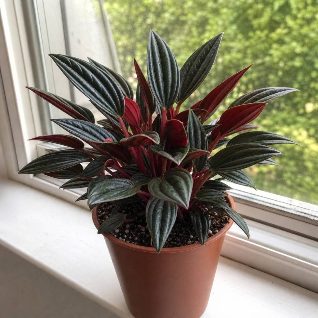 A potted Rosso peperomia with ridged dark green leaves and reddish undersides sits on a windowsill beside blurred outdoor greenery.