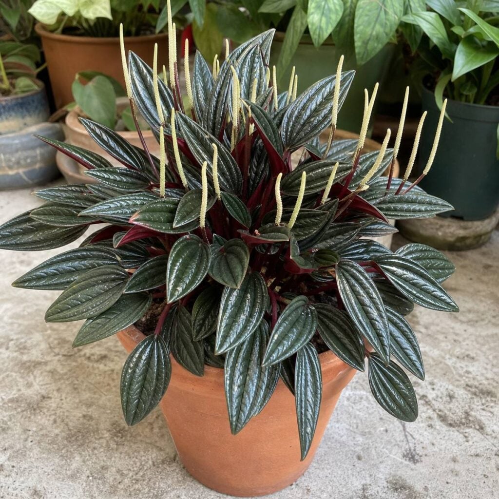 A terracotta pot holds a Rosso peperomia with glossy ridged dark green leaves, burgundy undersides, and slender cream flower spikes, surrounded by other potted plants on a concrete patio.