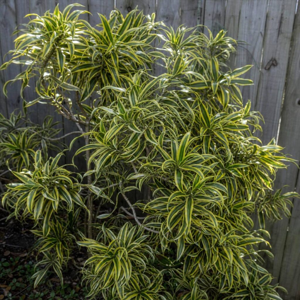 A bushy Song of India dracaena with yellow-and-green striped, spiraling lance-shaped leaves grows densely against a weathered gray wooden fence.
