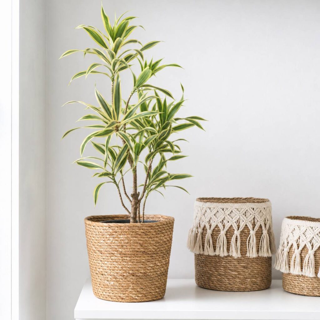 A young dracaena with branching stems and slender green and cream variegated leaves stands in a woven rattan pot beside two macrame-trimmed baskets on a white shelf.