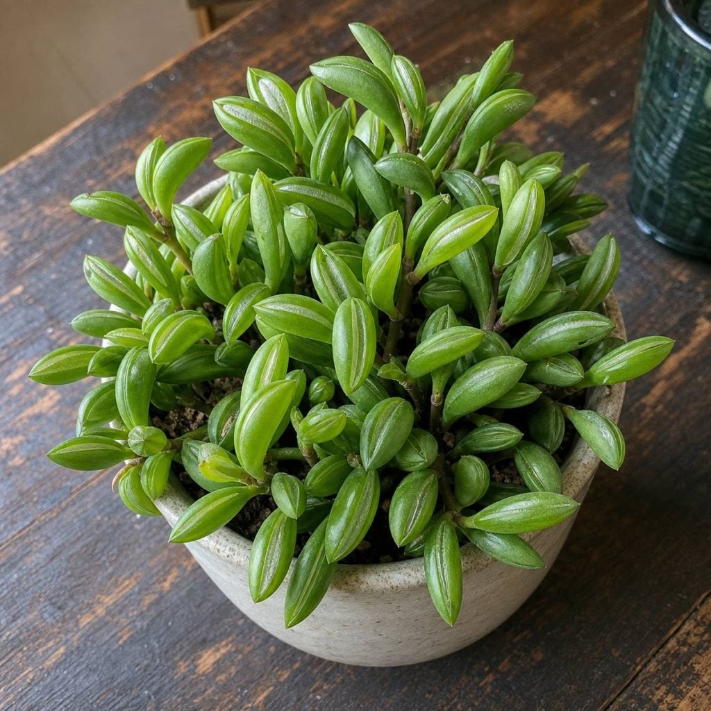 A dense clump of pincushion peperomia with bean-pod shaped, striped leaves fills a pale ceramic pot on a dark wooden table.