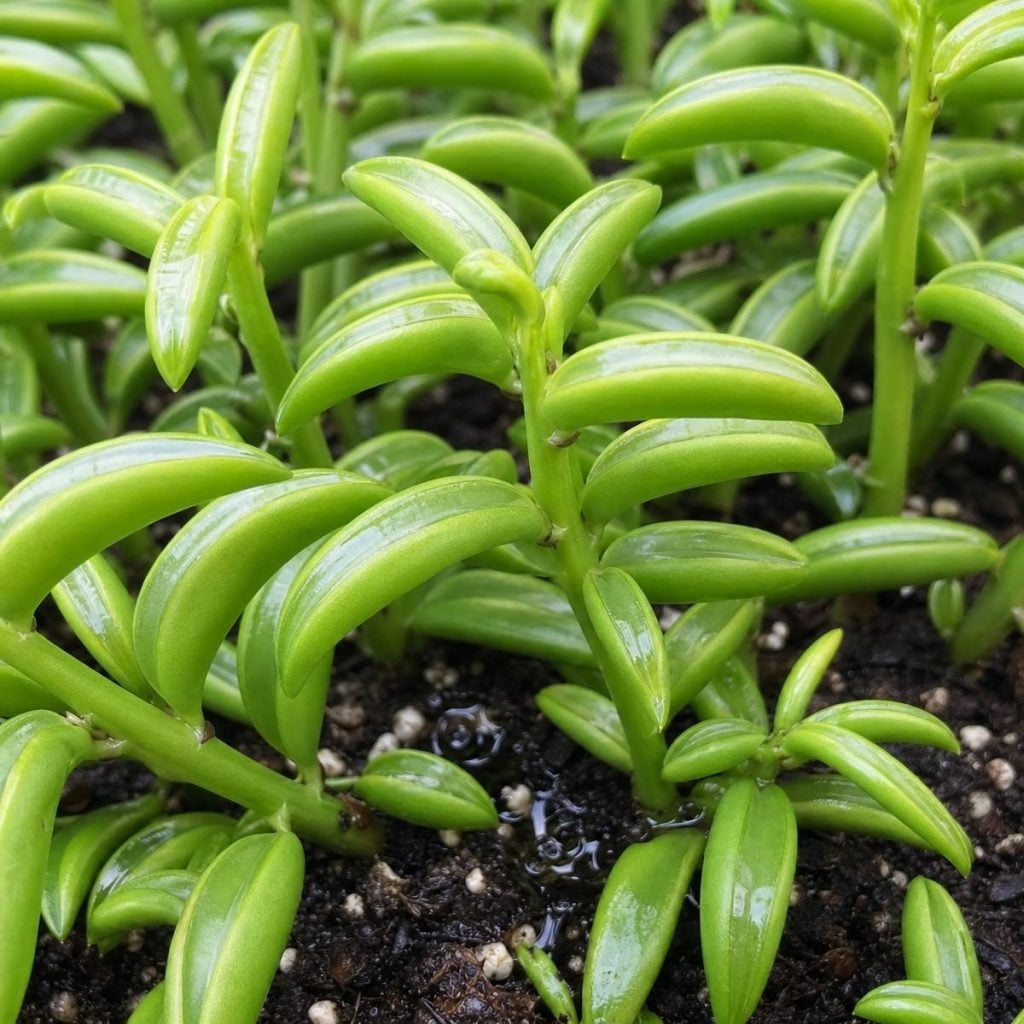 Densely clustered bean-pod shaped peperomia leaves on upright green stems grow from dark potting soil with visible water droplets at the base.