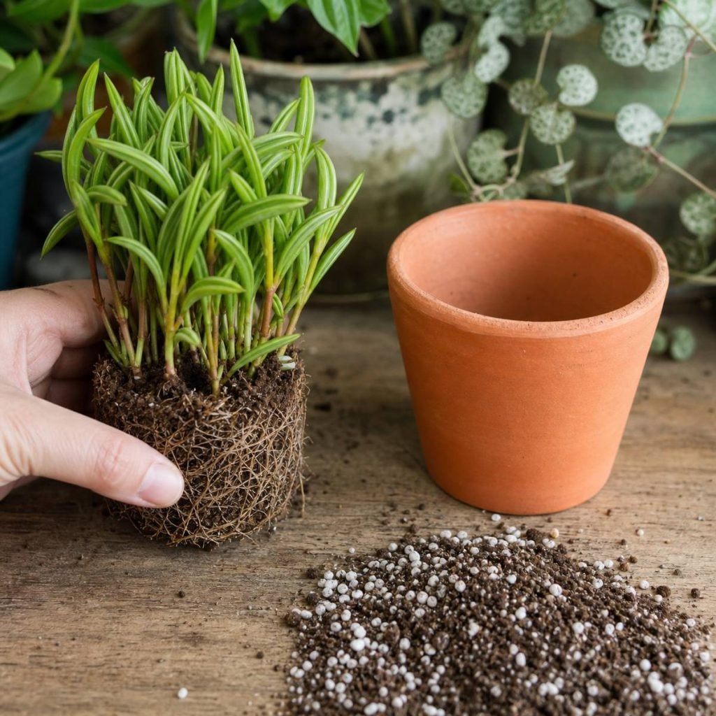 A hand holds a bare-rooted peperomia with narrow green leaves beside an empty terracotta pot and a pile of perlite-flecked potting mix on a wooden bench.