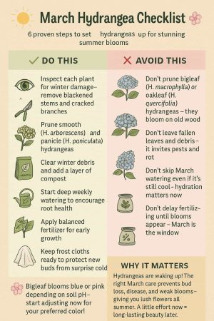 March is make-or-break time for hydrangeas. A quick cleanup, light feeding, and the right pruning (only certain types!) sets the stage for fuller blooms all summer. Little steps now save big disappointment later