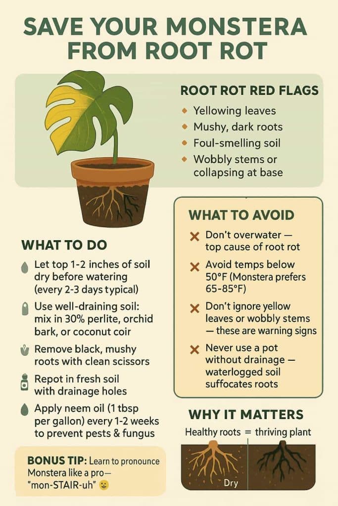 Yellow leaves and a wobbly base are your Monstera asking for help. Let the soil dry a bit more, use a fast-draining mix, and never skip drainage holes. Healthy roots are everything—and they recover faster than most people think 🌿🪴